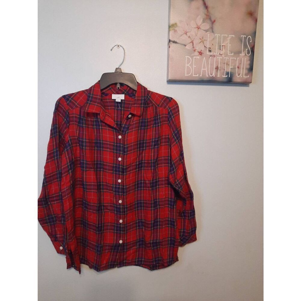 J. Jill Size S Petite Red Blue Plaid Flannel Button Up Shirt